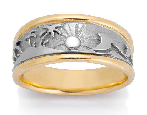 Men's 2 color Palms Wave Ring. Tropical palm tree and ocean wave by David Virtue Jewelry