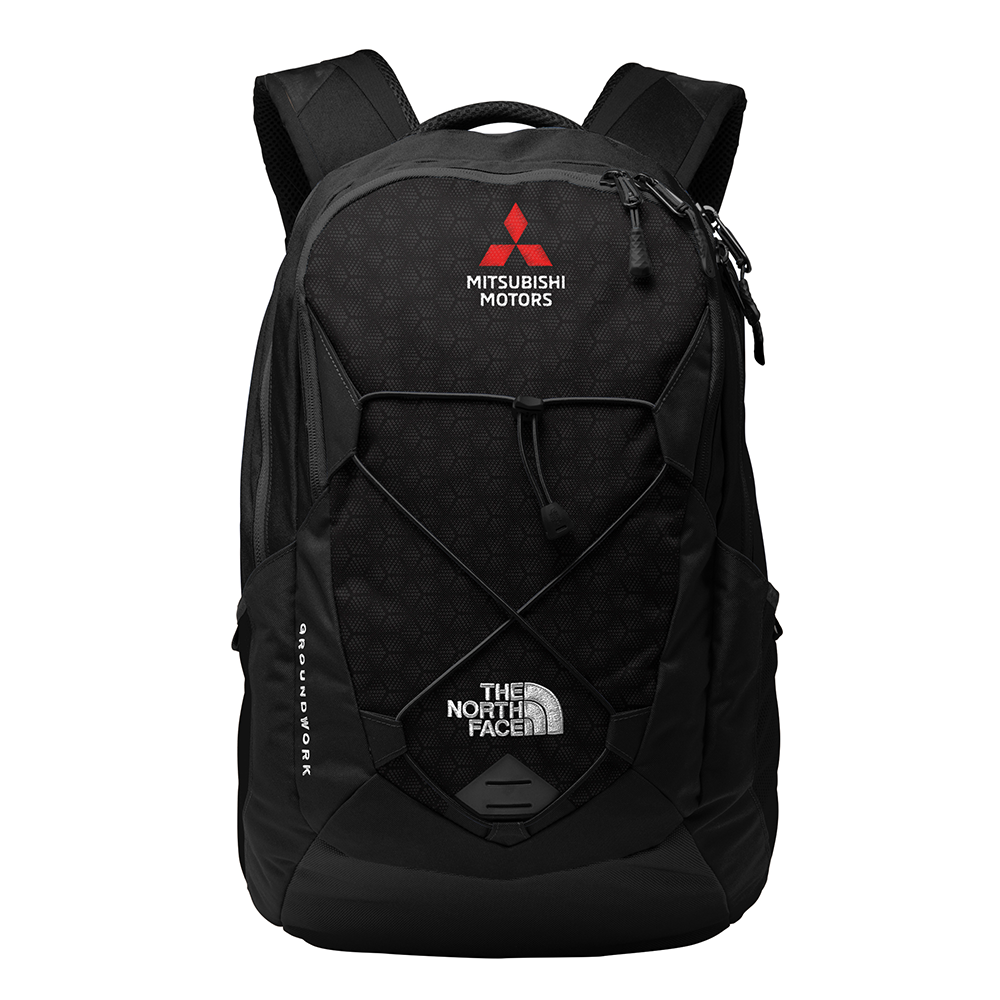 Backpack by The North Face product image featuring official Mitsubishi Motors branding, detailed construction, and lifestyle-ready automotive accessory design