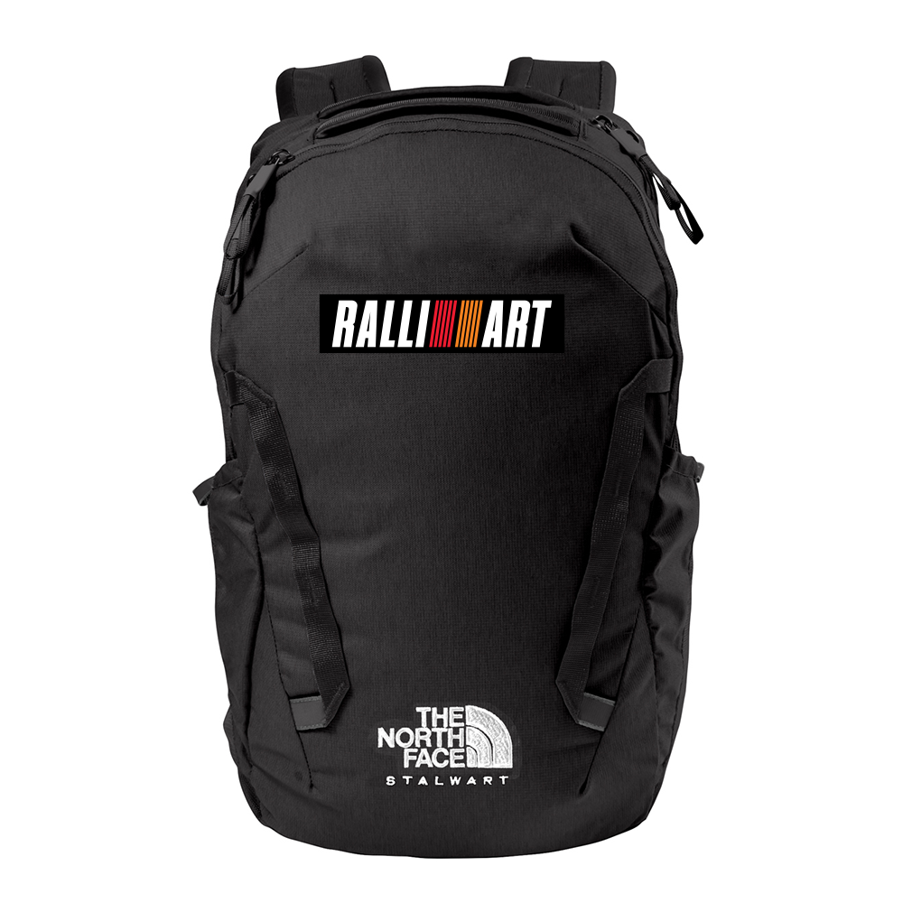 RALLIART Backpack by The North Face product image featuring official Mitsubishi Motors branding, detailed construction, and lifestyle-ready automotive accessory design