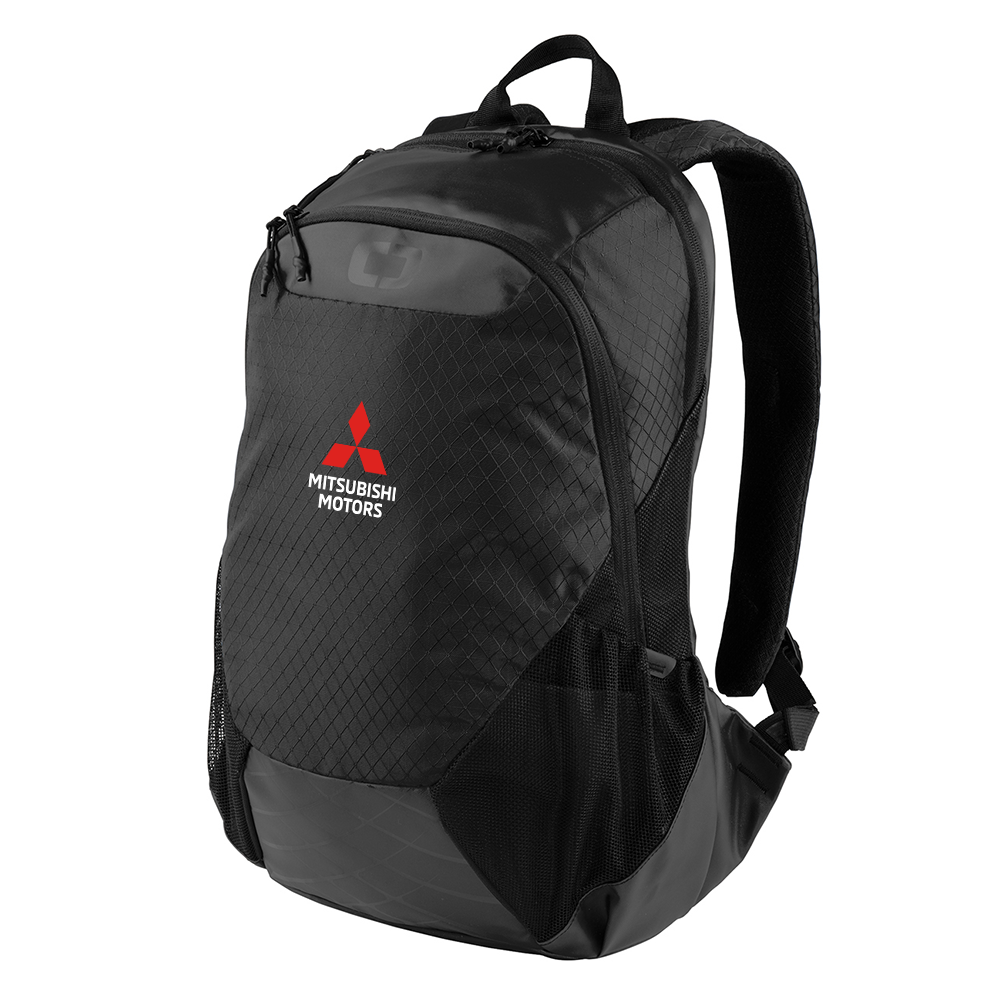 OGIO Commuter Pack product image featuring official Mitsubishi Motors branding, detailed construction, and lifestyle-ready automotive accessory design