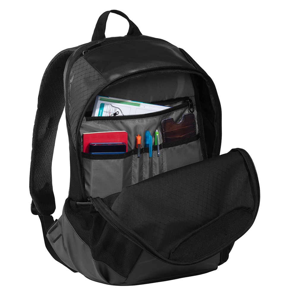 OGIO Commuter Pack product image featuring official Mitsubishi Motors branding, detailed construction, and lifestyle-ready automotive accessory design