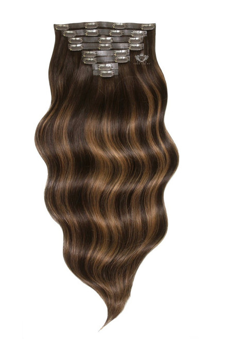 Mochaccino - Superior 22" Silk Seamless Clip In Human Hair Extensions 230g :Rooted: