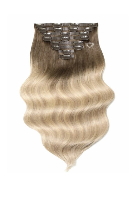 Santorini Blonde - Elegant 14" Silk Seamless Clip In Human Hair Extensions 120g :Rooted: