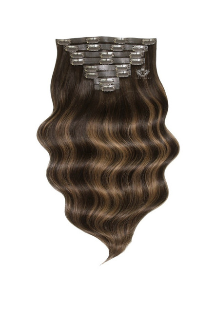 Mochaccino - Elegant 14" Silk Seamless Clip In Human Hair Extensions 120g :Rooted: