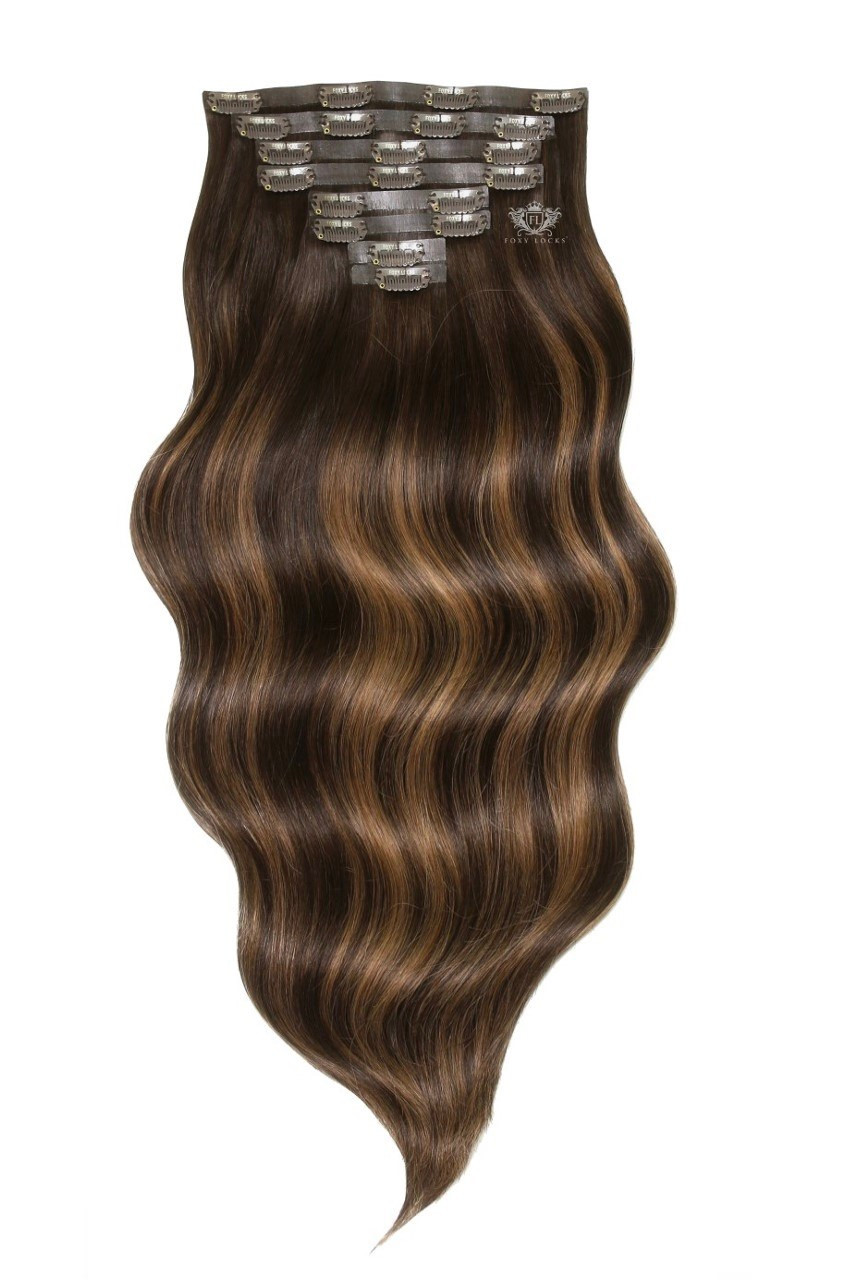 Image of Mochaccino - Superior 22" Silk Seamless Clip In Human Hair Extensions 230g :Rooted: