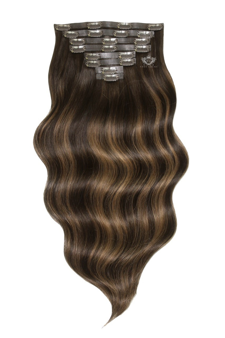 Image of Mochaccino - Deluxe 18" Silk Seamless Clip In Human Hair Extensions 180g :Rooted: