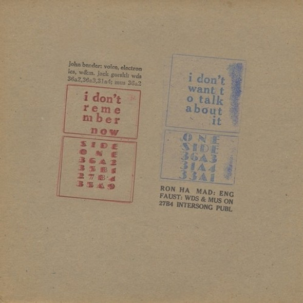 Bender, John I Don'T Remember Now / I Don'T Want To Talk About LP Vinyl