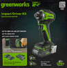 Greenworks 24V Brushless Cordless Impact Driver Kit, 1950 in./lbs Torque, 1/4'' Hex Collet, Variable Speed, 2×2Ah Batteries with 2A Charger, LED Light, 8pcs Drill/Driver Bits with Tool Bag