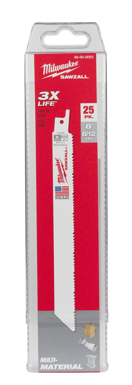 25-Pack Milwaukee 48-00-8093 Multi-Material Sawzall Blades, 8", 8/12 TPI