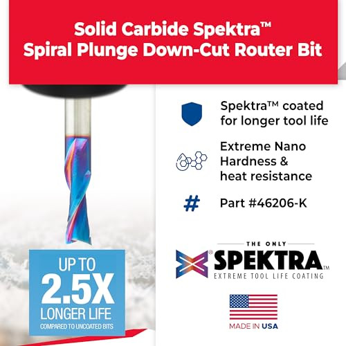 Amana Tool Solid Carbide Spektra Extreme Tool Life Spiral Plunge Router Bit Down-Cut, 46206-K, 1/4 Dia x 1 CH x 1/4 Shank 2-1/2 Inch L