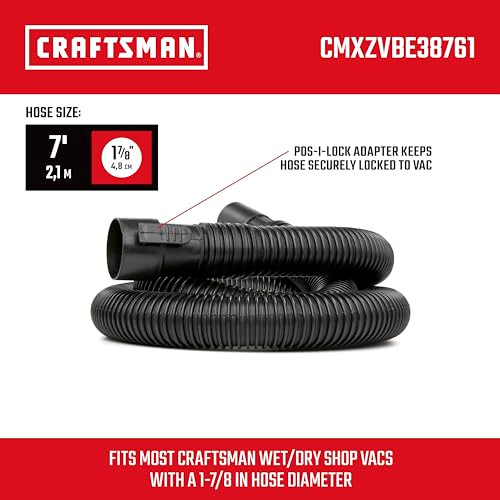 CRAFTSMAN CMXZVBE38761 1-7/8 in. x 7 ft. POS-I-LOCK Wet Dry Vac Hose Attachment, Industrial-Grade Shop Vacuum Replacement Hose, Fits Most Wet/Dry Vacuums with a 1-7/8 in. Diameter Hose