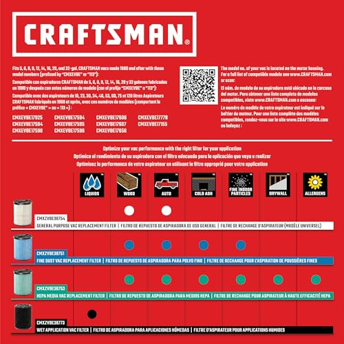 CRAFTSMAN CMXZVBE38751 Genuine Fine Dust Wet Dry Vac Replacement Vacuum Filter for Most 5 to 20 Gallon CRAFTSMAN Shop Vacuums, Easy Installation and Traps Fine Particles