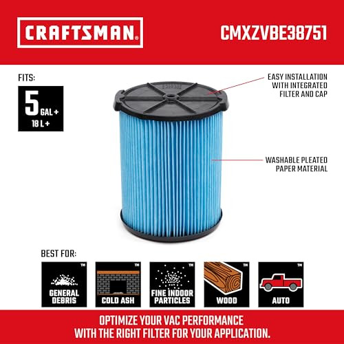 CRAFTSMAN CMXZVBE38751 Genuine Fine Dust Wet Dry Vac Replacement Vacuum Filter for Most 5 to 20 Gallon CRAFTSMAN Shop Vacuums, Easy Installation and Traps Fine Particles