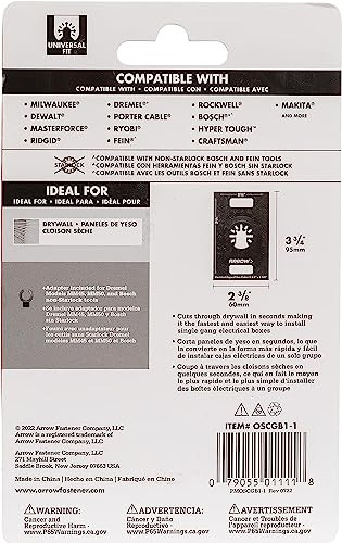 Arrow OSCGB1-1 1 Gang Electrical Box Drywall Cutting Blade for Oscillating Tools, Universal, Fits Most Multitools, Includes Adapter, Makes 2-7/8” by 3-3/4” Hole
