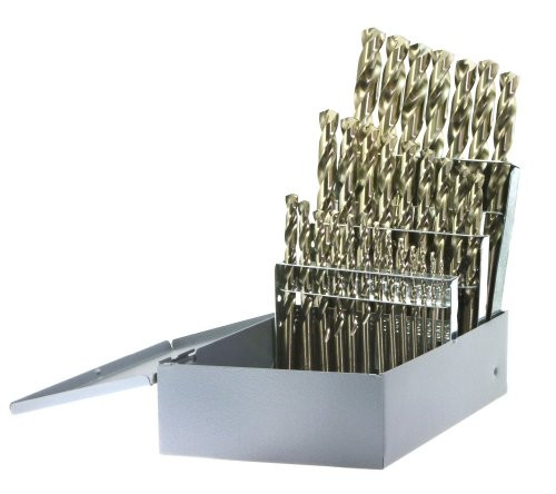 Drillco 500 Series 29 Piece Cobalt Steel Heavy-Duty Jobber Drill Bit Set, Bronze Finish, Round Shank, Spiral Flute, 135 Degrees Split Point, 1/16" - 1/2" in 1/64" increments