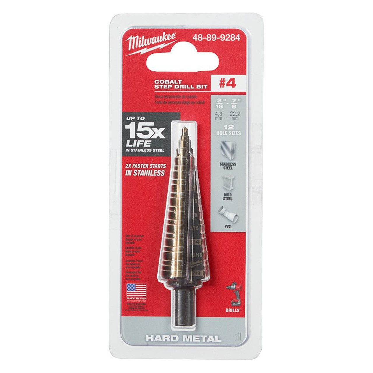 Milwaukee Unibit #4 Cobalt Step Drill Bit 48-89-9284 Hole Sizes 3/16"-7/8"