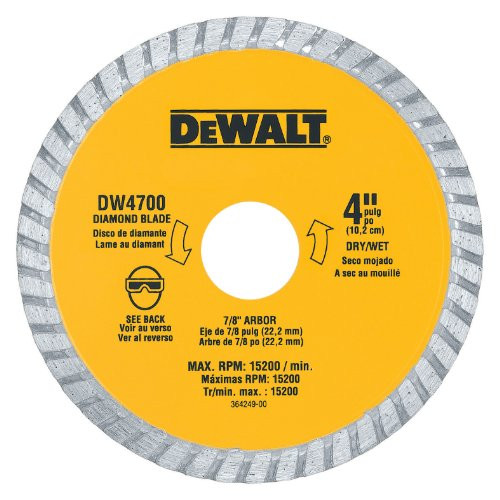 DEWALT DW4700 Industrial 4-Inch Dry or Wet Cutting Continuous Rim Diamond Saw Blade with 7/8-Inch Arbor