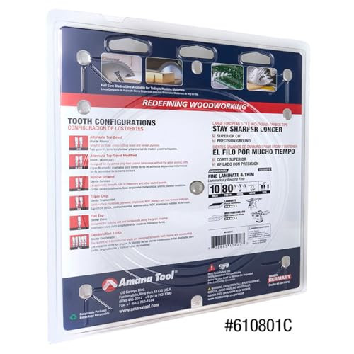 Amana Tool 610801C Carbide Tipped Prestige Fine Cut-Off and Crosscut 10 Inch D x 80T TCG, 10 Deg, 5/8 Bore Circular Saw Blade
