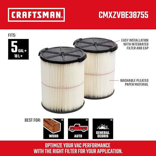 CRAFTSMAN CMXZVBE38755 (2 PACK) Genuine General Purpose Wet Dry Vac Replacement Vacuum Filter for Most 5 to 20 Gallon CRAFTSMAN Shop Vacuums, Easy Installation and Traps General Debris