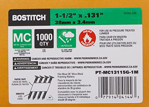 BOSTITCH (1000 PACK) Framing Nails, Paper Tape Collated, Galvanized Metal Connector, 1-1/2-Inch x .131-Inch,  (PT-MC13115G-1M)