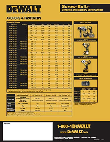 Dewalt (BOX OF 50) 1/2" x 3" Screw-Bolt+ Concrete Screw Anchor Zinc, PFM1411380
