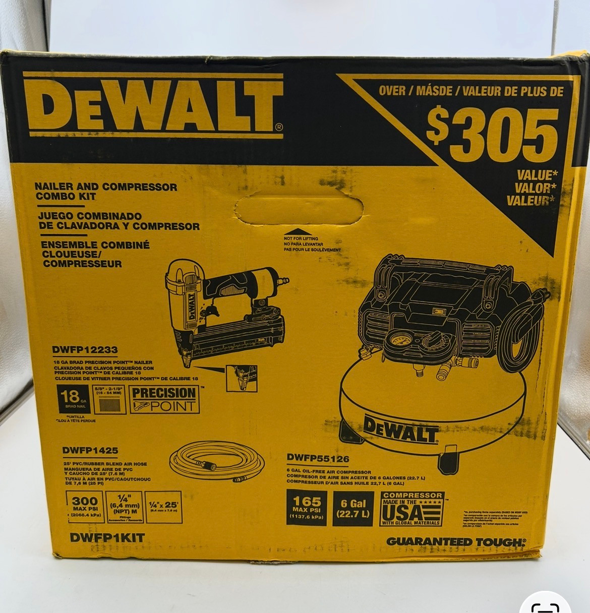 DEWALT DWFP1KIT 18 Gauge Brad Nailer and 6 Gallon Oil-Free Pancake Air Compressor Combo Kit