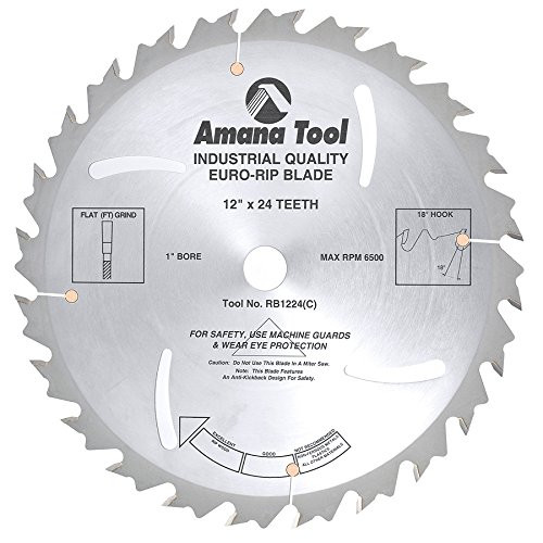 Amana Tool RB1224 Carbide Tipped Euro Rip With Cooling Slots 12 Inch D x 24T FT, 18 Deg, 1 Inch Bore, Circular Saw Blade