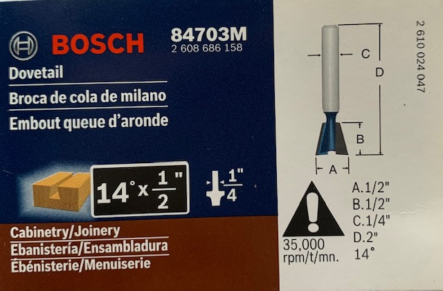 BOSCH 84703M 14 degree x 1/2 In. Carbide Tipped Dovetail Bit