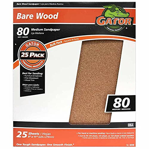 Gator 9" x 11" Bare Wood Sanding Sheets, 80 Grit, (1 - 25 Pack)