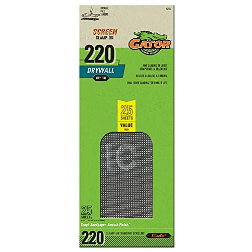Gator (4255) Clamp-On Precut Drywall Sanding Screen, 4-1/4" x 11-1/4", 220 Grit, (1 Pk of 25)