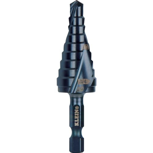 Klein Tools QRST03 Step Drill Bit, Quick Release Spiral Double-Fluted, 1/4 to 3/4-Inch, Hex Shank, Cut Steel, Wood, Plastic, Aluminum