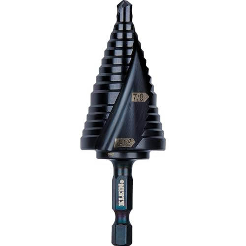Klein Tools QRST11 Step Drill Bit, Quick Release Spiral Double-Fluted, 7/8 to 1-1/8-Inch, Hex Shank, Cut Steel, Wood, Plastic, Aluminum