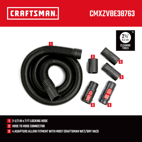 CRAFTSMAN CMXZVBE38763 2-1/2 in. x 7 ft. POS-I-LOCK Wet Dry Vac Hose Attachment Kit, Industrial-Grade Shop Vacuum Replacement Hose, Fits Most Wet/Dry Vacuums with a 2-1/2 in. Diameter Hose