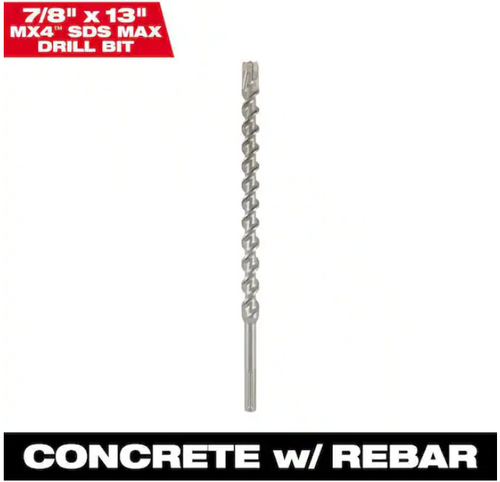 Milwaukee 48-20-8444 7/8" x 13" 4-Cutter SDS MAX Carbide Drill Bit, MX4, Concrete w Rebar