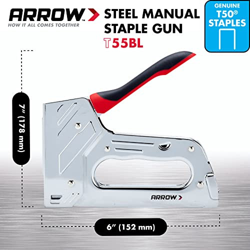 Arrow T55BL Steel Staple Gun for Upholstery, Wood, Crafts, DIY and Repairs, Manual Stapler Uses 1/4”, 5/16”, 3/8", 1/2", or 9/16” Staples