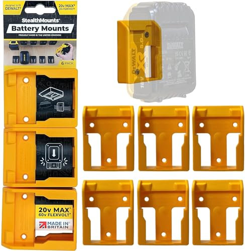 StealthMounts Battery Holder Compatible with DeWalt 20/60V Batteries (6 Pack) - Yellow Battery Mounts | Made in The UK