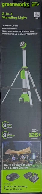 Greenworks 24V 2-In-1 2,200 Lumen Standing Light, LED Work Light with 2Ah Battery and 2A Charger