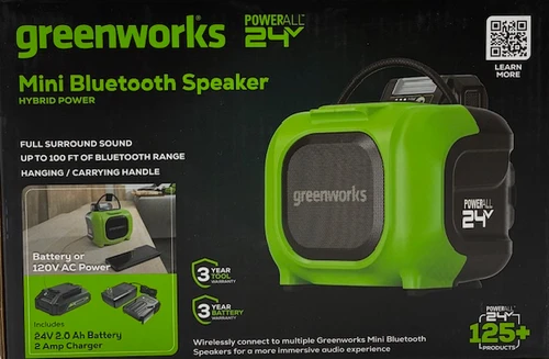 Greenworks 24V Bluetooth Compact Speaker, AC/DC Wireless Portable Worksite Speaker, 2Ah Battery and Charger Included
