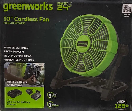 Greenworks 24V 10" (5-Speed) Fan (500 CFM), Hybrid (AC / DC), 2.0 Ah USB (Power Bank) Battery and Charger Included