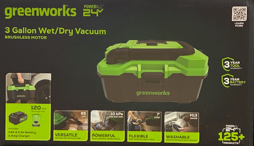Greenworks 24V Brushless 3 Gallon Cordless Wet/Dry Shop Vacuum with with Hose, Crevice Tool, Floor Nozzle, 4.0Ah Battery and Charger Included