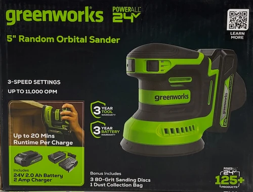 Greenworks 24V Orbital Sander Kit, 5" Random Sander Variable Speed, 2Ah Battery and Charger Included