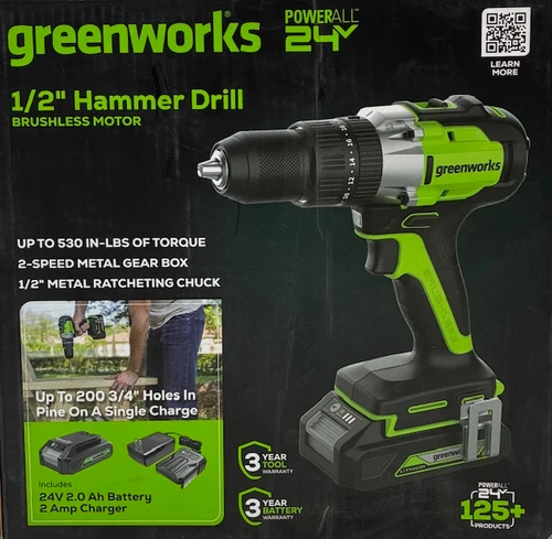 Greenworks 24V Brushless 1/2" Hammer Drill (530 in-lbs.) 2.0Ah Battery and Charger Included, DDG402