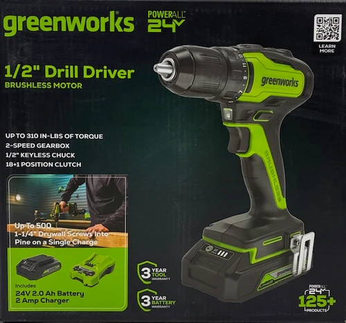 Greenworks 24V Brushless Drill / Driver, 2Ah USB Battery and Charger Included