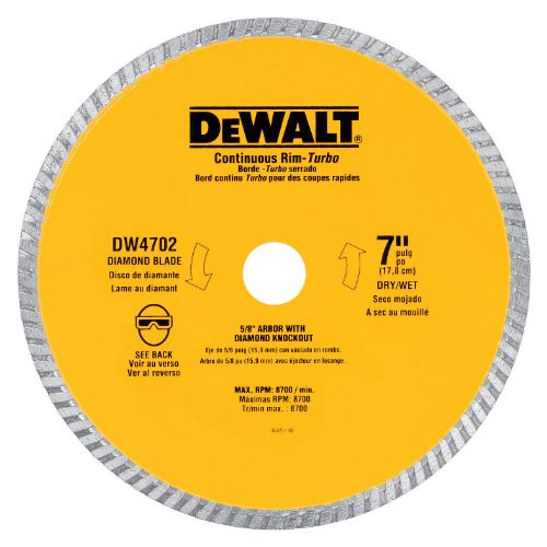 DEWALT DW4702 Industrial 7-Inch Dry or Wet Cutting Continuous Rim Diamond Saw Blade with 5/8-Inch and Diamond Knockout Arbor
