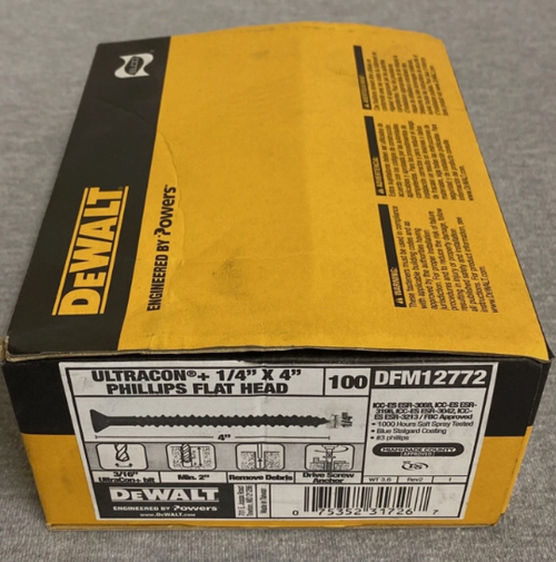 DeWalt (BOX OF 100)  Ultracon+ Series Concrete Screw Anchor 1/4"x4" Carbon Steel (DFM12772)