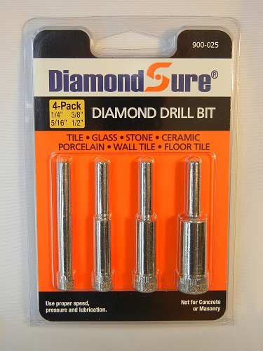 DiamondSure Diamond Drill Bit Hole Saw 4-Pack Assortment 1/4", 5/16", 3/8", 1/2" for Glass, Tile, Granite, Stone, Ceramic, Porcelain