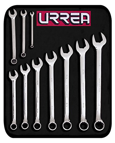 URREA 12-Point Combination Wrench - 10-Piece (7/16"" - 1"") Mechanics Tool Kit with Roll-up Storage Pouch & Fully Polished Nickel-Chrome Finish - 1200G