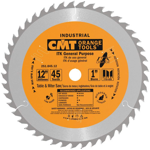 CMT 251.045.12 ITK General Purpose Saw Blade, 12-Inch x 45 Teeth 1FTG+2ATB Grind with 1-Inch Bore