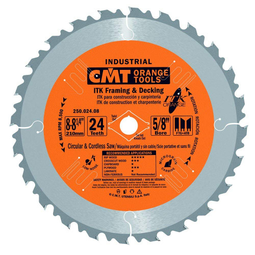 CMT 250.024.08 ITK Industrial Framing/Decking Saw Blade, 8-8-1/4-Inch x 24 Teeth 1FTG+2ATB Grind with 5/8-Inch<> Bore