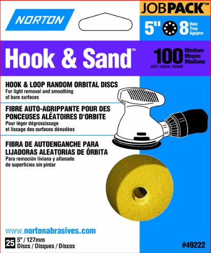 Norton Hook & Sand JobPack 49222 Hook & Loop Random Orbital Discs, P100 Medium Grit, Aluminum Oxide Abrasive, For Finish Sanding and Cleaning of Bare Surfaces, 5" x 8 Hole (A290) (Pack of 25)